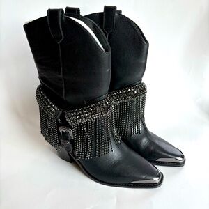 DanielXDiamond Women's 7 Black High Noon‎ Western Boots Snip Toe Leather Fringe